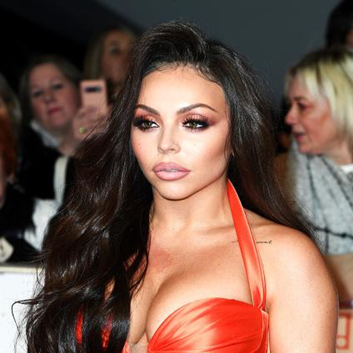 jesy nelson red dress Jesy Nelson of Little Mix attending the Brit Awards 2015 with MasterCard held at The O2 Arena, London Stock Photo
